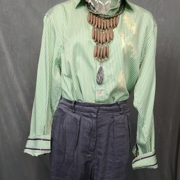 Vintage Robert Graham 90s Green Striped Oversized Long Sleeve Button Down Shirt - Picture 2 of 9